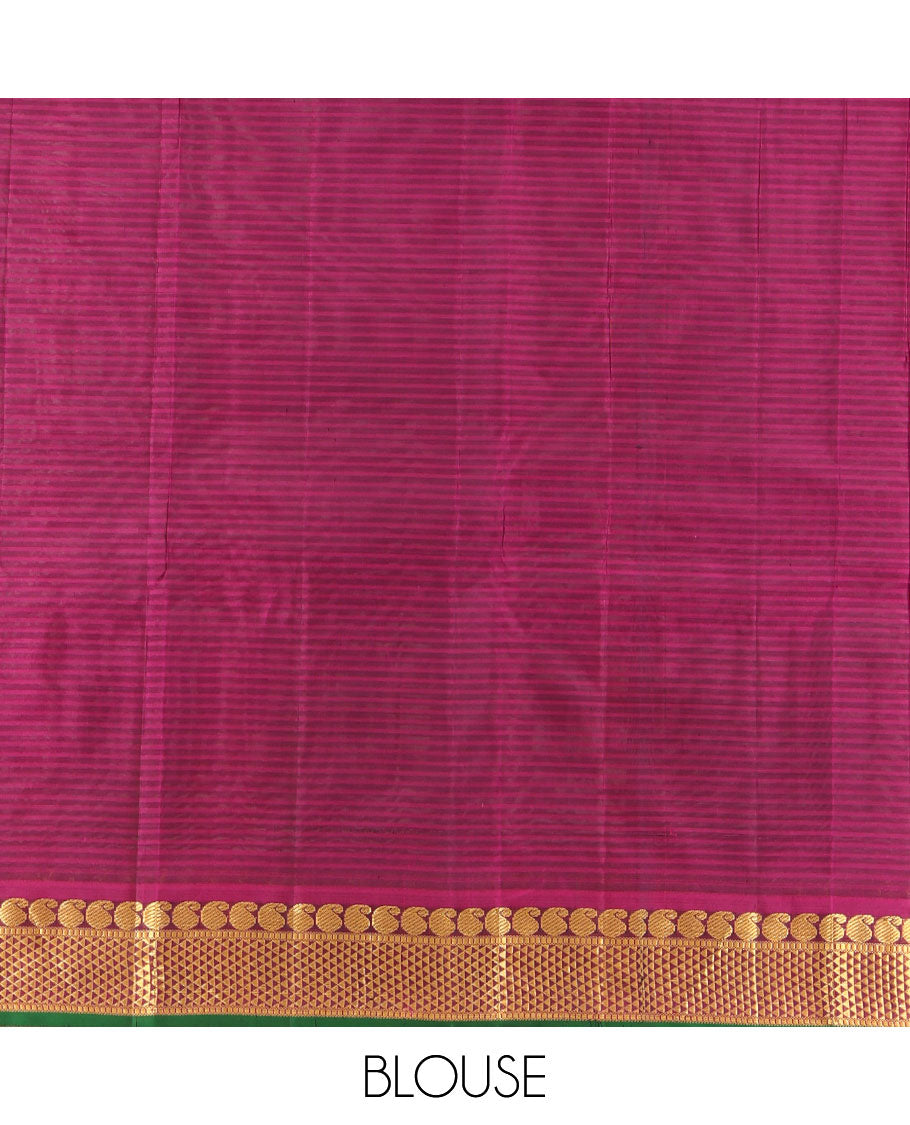 Brown Kanchipuram Silk Saree, Elevated with Vazhaipoo Stipes and Zari Buttas, a Contrast Ara Madam and Manga Motif Border, Pallu of Zari Design, and Contrast Blouse
