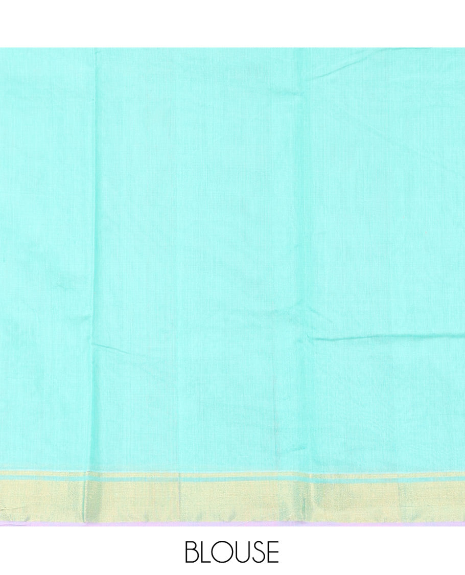 Turquoise Chanderi Cotton Saree, Enthralled with Zari Buttas All Over Its Body, Highlighted by a Zari Border, Pallu  of Zari Stripes and Floral Buttas, and Paired with a Matching Blouse