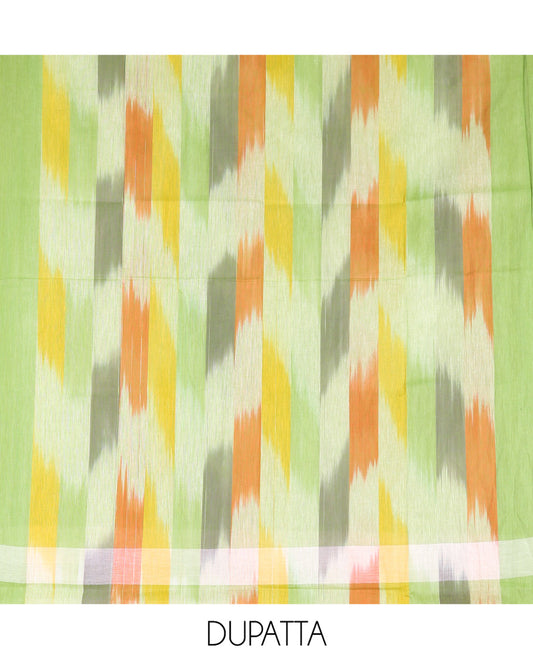 Green Material Chudidhar Set Featuring Delicately Ikkat Woven Handloom Cotton Top, Plain Cotton Bottom, and Handloom Cotton Ikkat Textured Dupatta