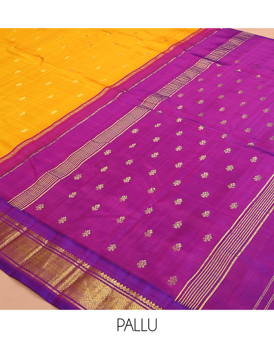 Yellow Kanchipuram Silk Saree, Gleamed Up with Zari Buttas, a Contrast Korvai Border of Thilakam Mokku, Banaras, and Jaal Designs, Zari Woven Pallu, and No Blouse