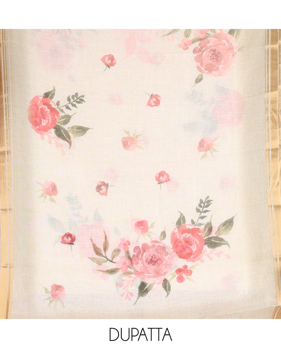 Lite Elachi Green Linen Cotton Material Chudidar,embroidered V-Neck Top,cotton Bottom, Floral Dupatta