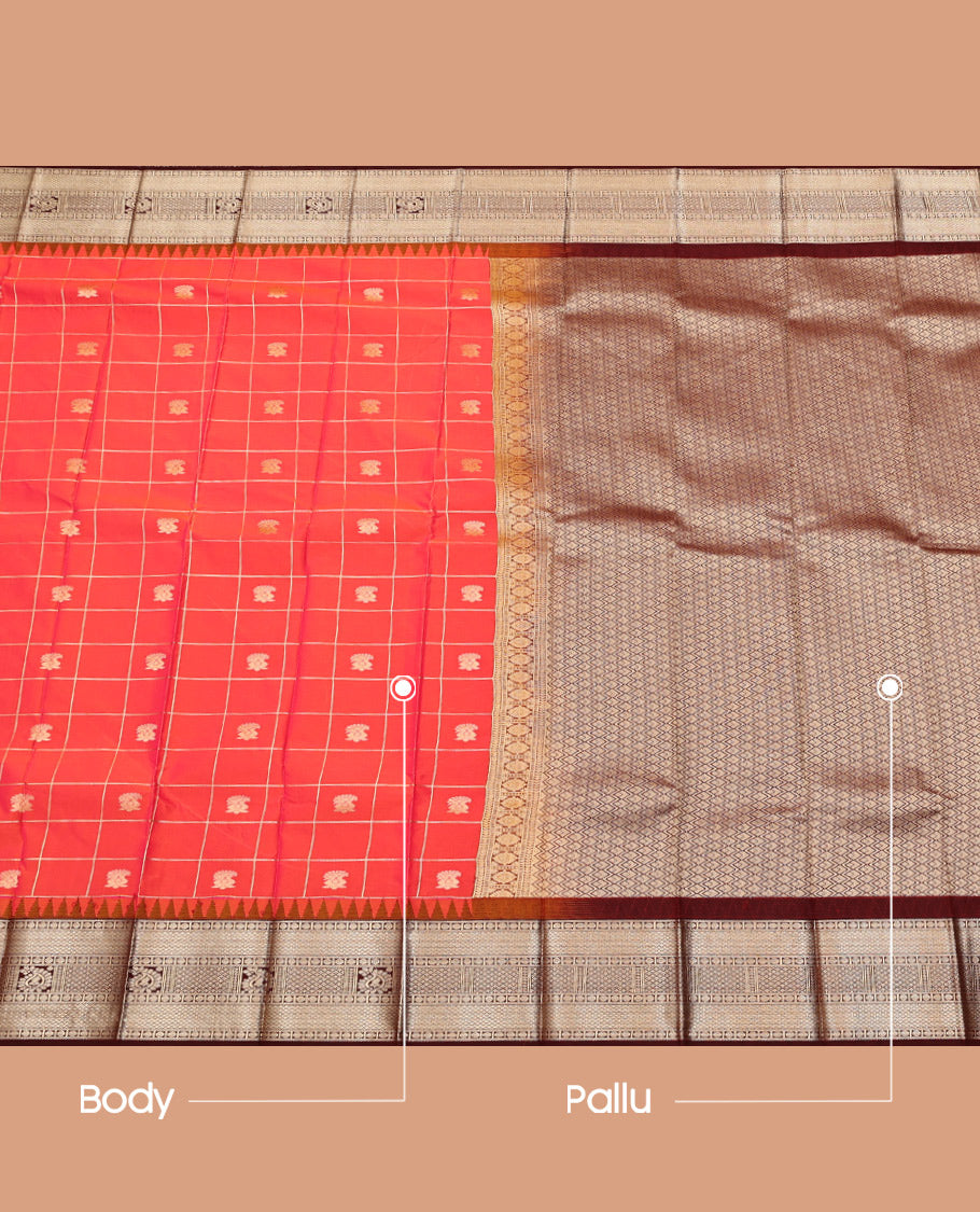 Pink Budget Silk Saree, Enriched with Zari Butta Enclosed Checks on Its Body, Complemented by a Contrast Temple Traditional Zari Design Border, Grand Jaal Pallu, and Paired with a Contrast Blouse
