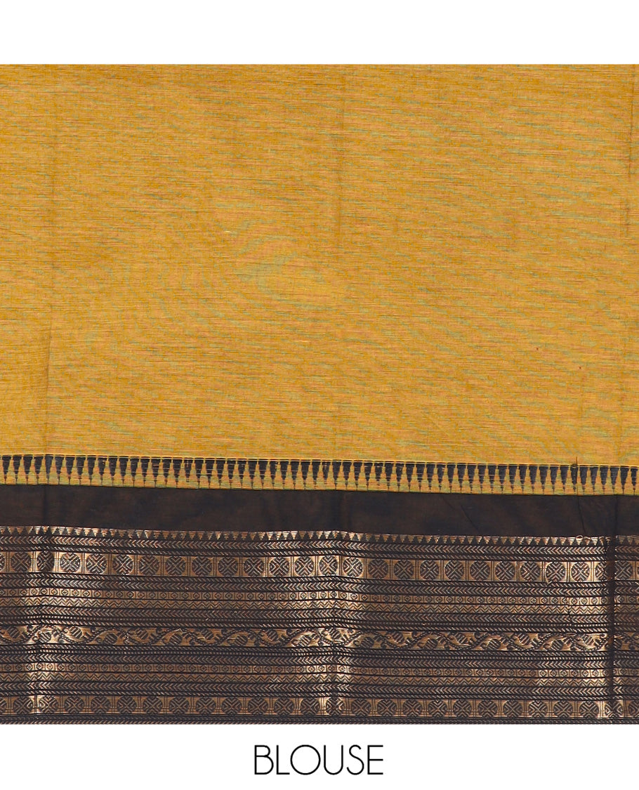 Mustard Plain Chettinad Cotton Saree, a Contrast Traditional Zari Temple Border, Striped Pallu, a Matching Blouse