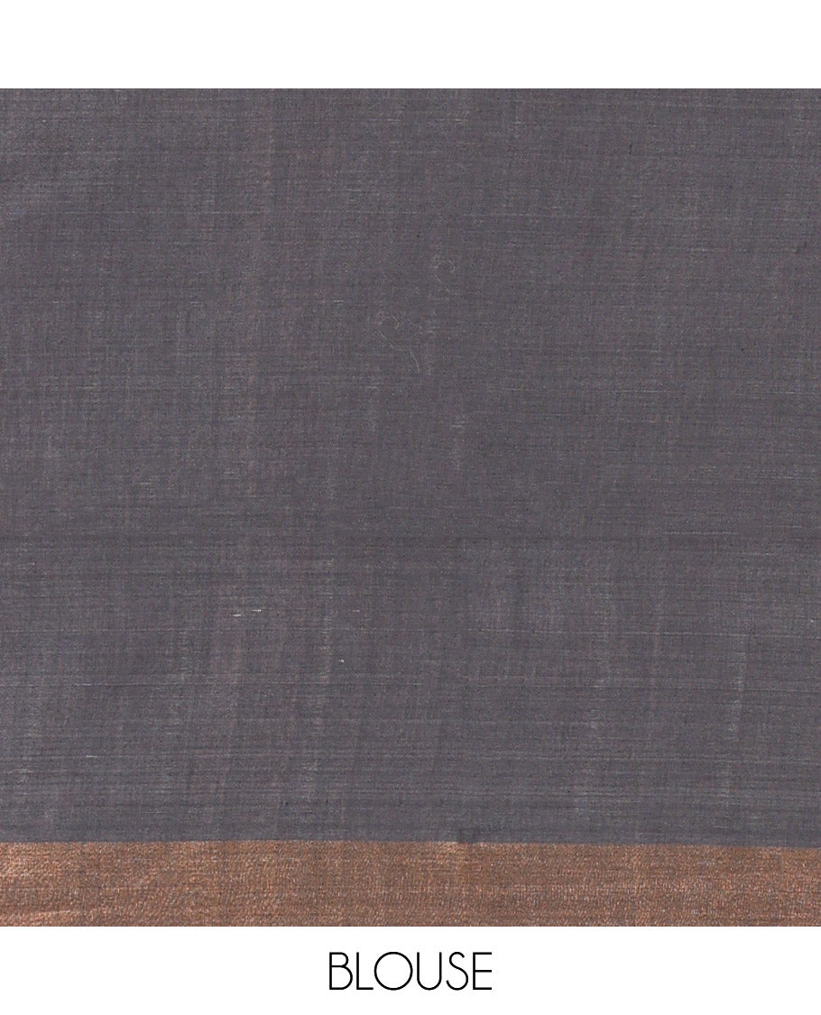 Black Tussar Silk Saree, Artfully Detailed with Ajrakh-Style Jaal Design on Its Body, a Subtle Border, Ombre-Style Striped Pallu, and Paired with a Contrast Blouse