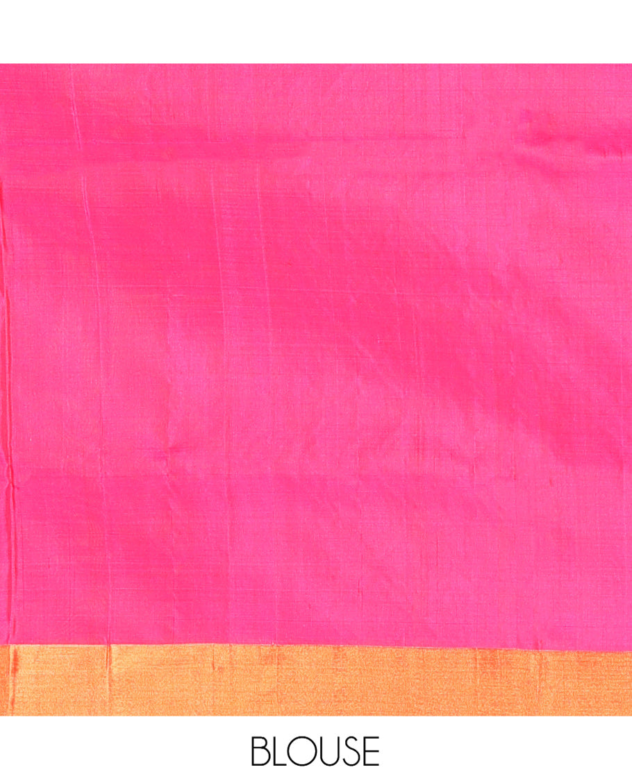 Orange Uppada Silk Saree, Masterfully Woven with Zari Buttas, Complemented by Contrast Peacock Buttas Border, Grand Jaal Pallu and a Contrast Blouse
