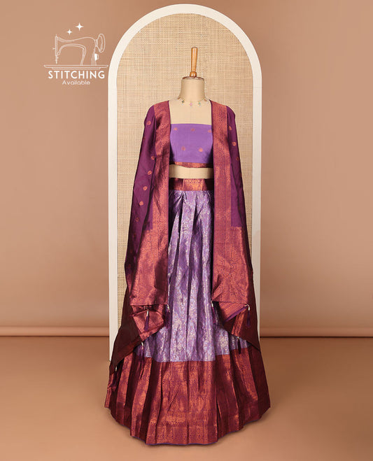 Purple floral design half saree with contrast zari design border, zari design blouse & floral zari design dhavani