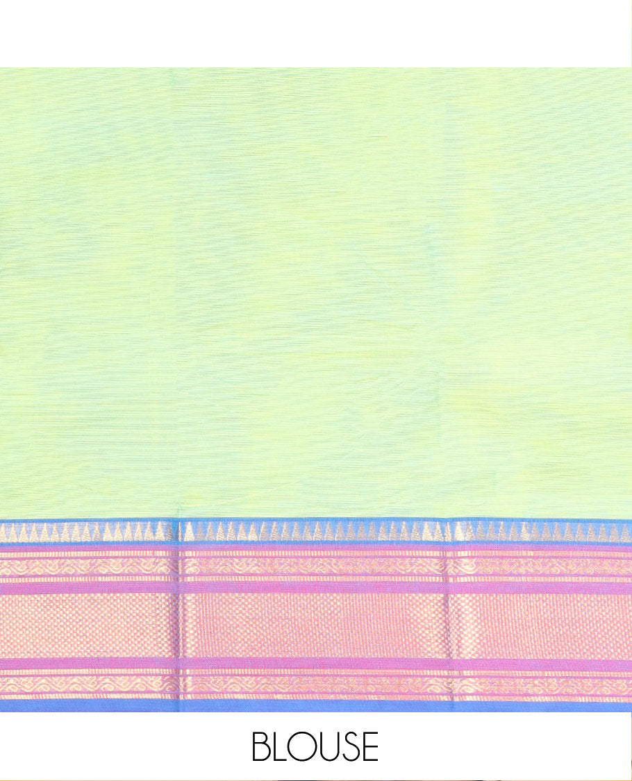 Green Plain Chettinad Cotton Saree, Complemented by a Contrast Traditional Zari Design Border, Striped Pallu, and Paired with a Matching Blouse