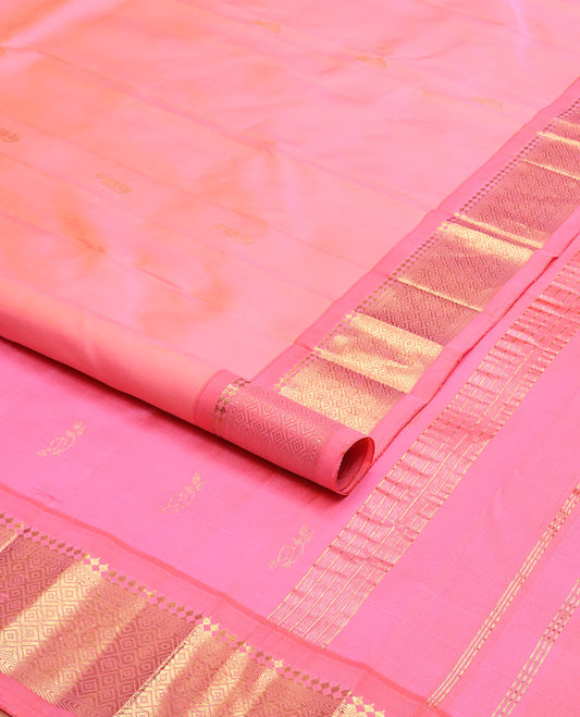 Pink zari buttas kanchipuram silk saree, contrast one-sided border of paneer sombu,banaras,muthu & jaal design & zari design pallu