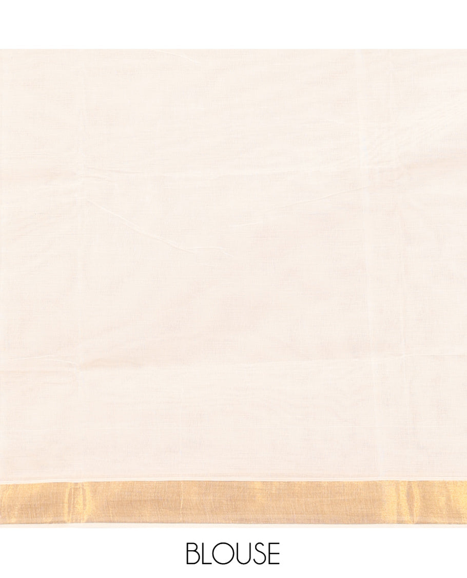 Cream Kerala Cotton Saree, Decked up with Zari Buttas All Over Its Body, a Zari Bavanji Border, Pallu of Intricate Designs, and Paired with a Matching Blouse