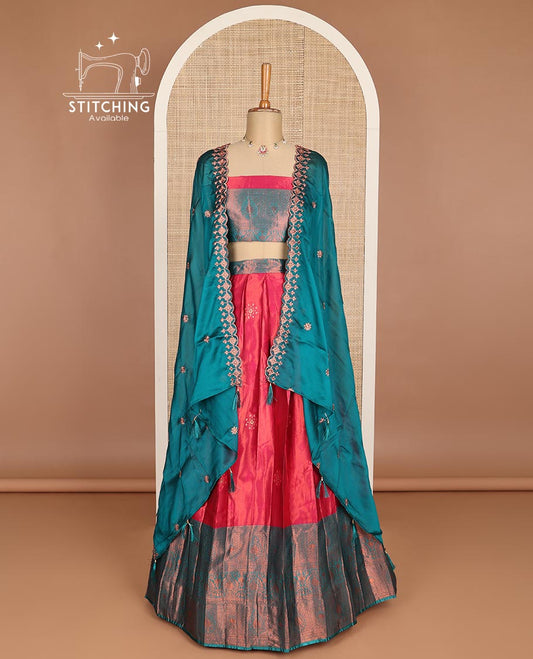 Red floral embroidery art silk half saree with contrast intricate zari design border, zari design blouse & floral embroidery scallop border dhavani