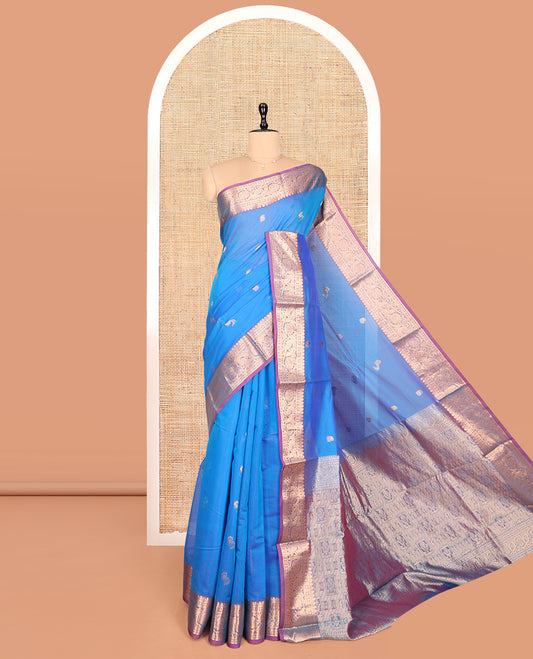 Blue Silk Cotton Saree, Elevated with Buttas, Complemented by Contrast Floral Creeper Border, Pallu of Intricate Designs, and Contrast Blouse