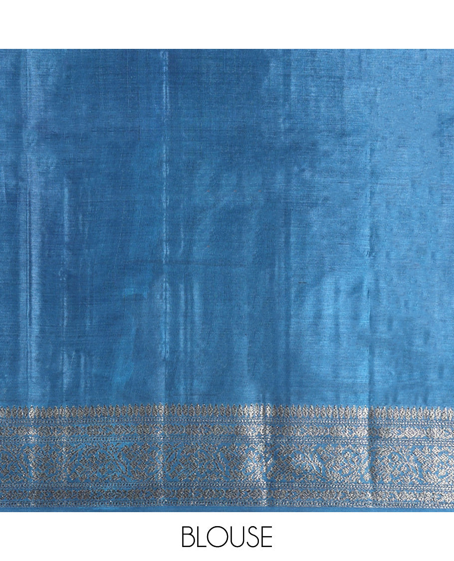 Blue Tusser Silk Saree, Subtly Sparkled with Zari Buttas, a Floral Creeper Zari Border, Grand Pallu, and a Matching Blouse