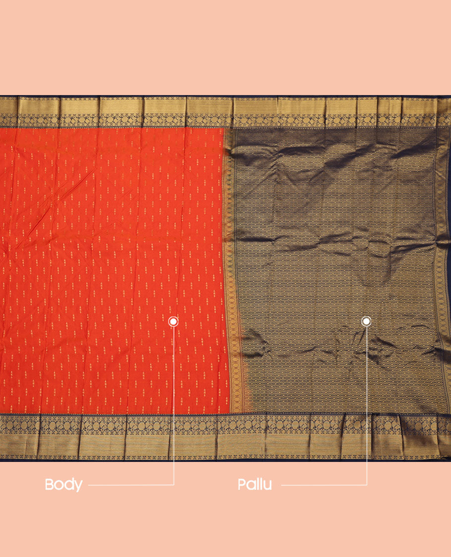 Orange Budget Silk Saree, Finely Crafted with Zari Buttas All Over Its Body, Complemented by a Contrast Traditional Zari Design Peacock-Rudraksham Border, Grand Pallu, and Paired with a Contrast Blouse