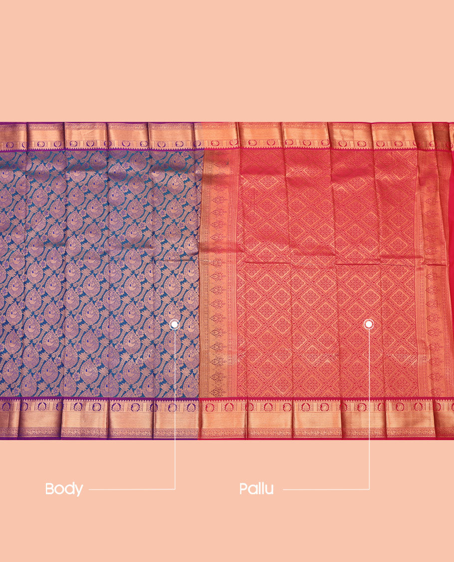 Blue Budget Silk Saree, Gleamed Up with Jacquard, Complemented by Contrast Traditional Zari Border,  Grand Pallu, and a Contrast Blouse
