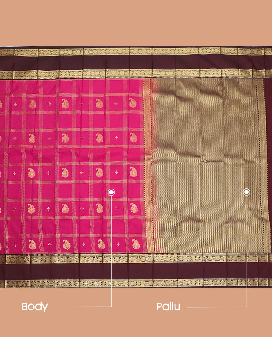Pink Budget Silk Saree, Beautified with Zari Butta Enclosed Checks, Complemented by a Contrast Traditional Zari Rettai Pettu Border, Grand Pallu, and a Contrast Blouse