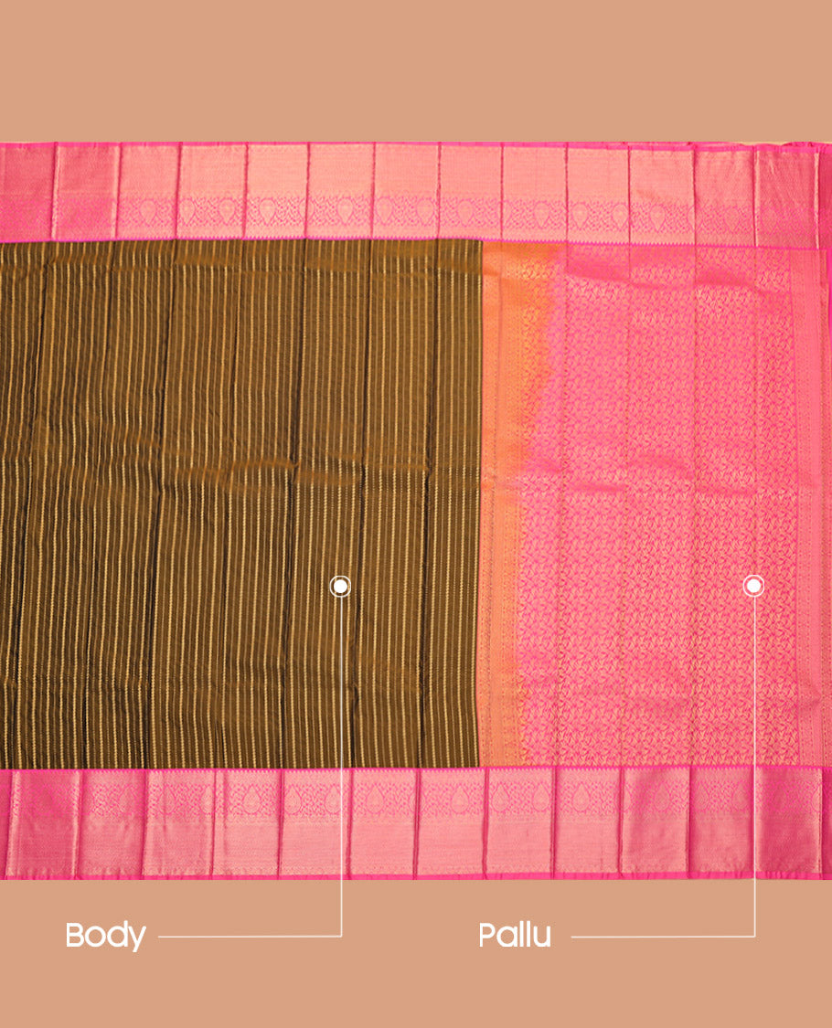 Green Budget Silk Saree, Finely Crafted with Zari Stripes, Complemented by a Contrast Traditional Zari Border, Grand Pallu, and a Contrast Blouse