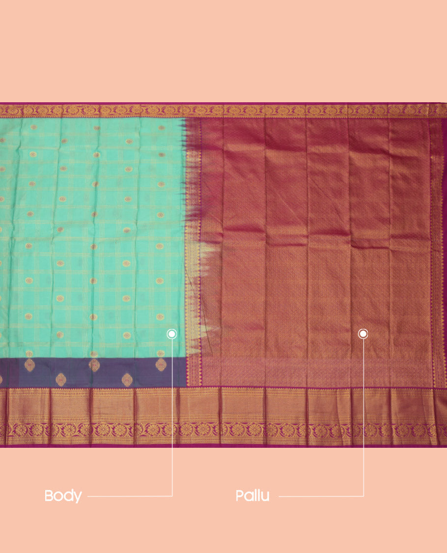 Blue Budget Silk Saree, Enriched with Zari Butta Enclosed Checks, Complemented by a Contrast Traditional Zari Border, Grand Jaal Pallu, and Contrast Blouse