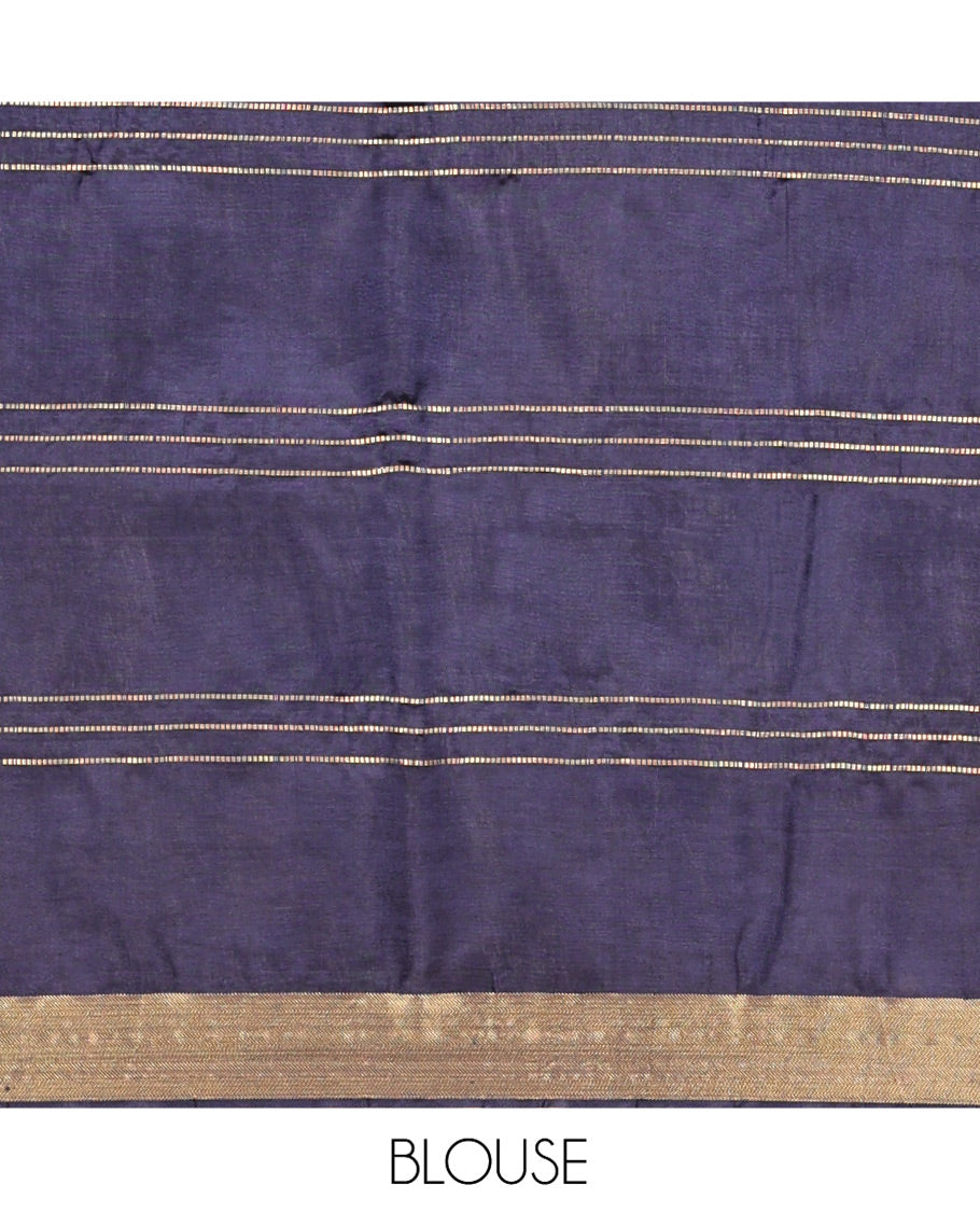 Blue Banana Pith Saree, Uniquely Detailed with Buttas and Stripes All Over Its Body, Highlighted by a Zari Temple Border, Gleaming Zari-Striped Pallu, and Paired with a Matching Blouse
