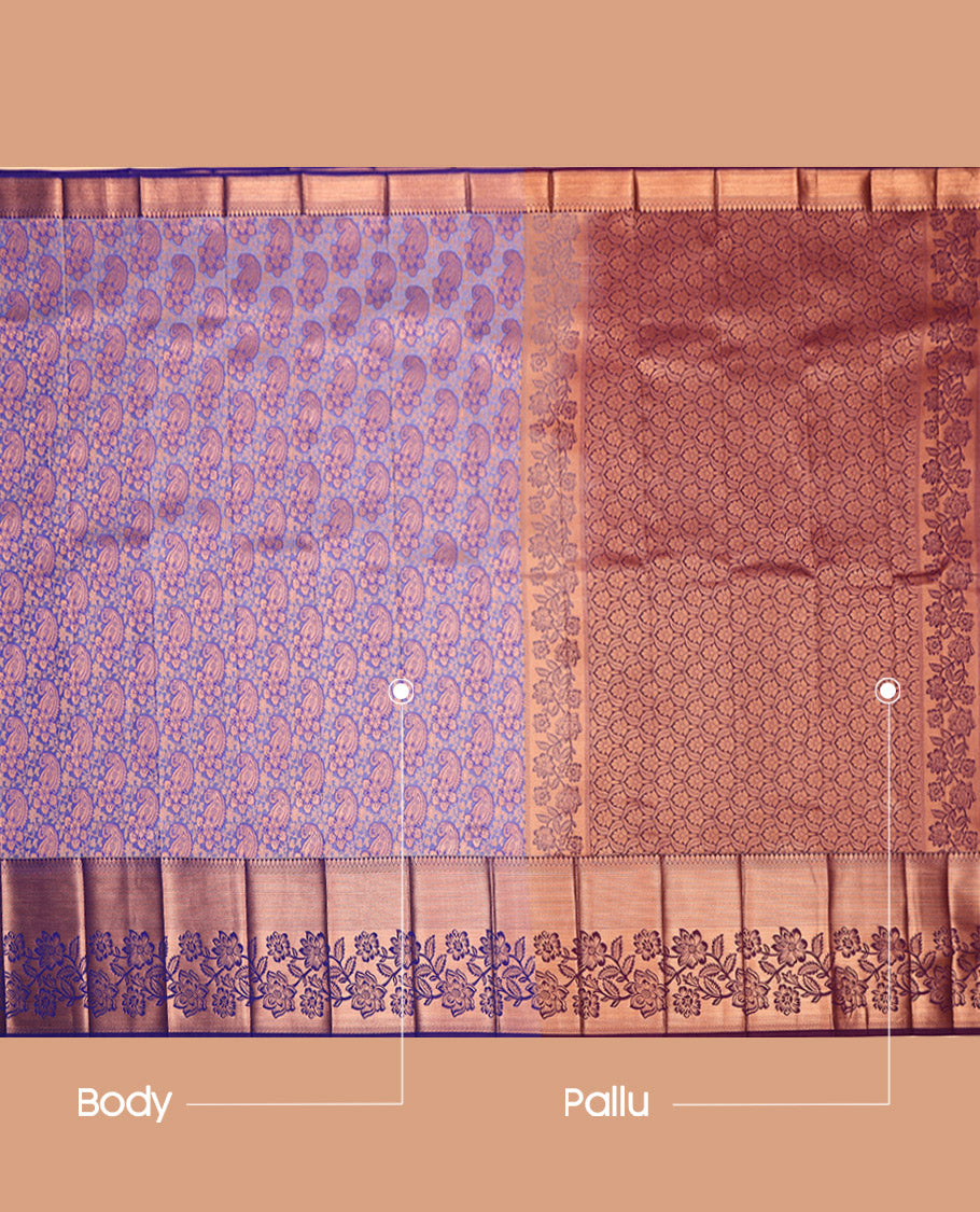 Light Violet Budget Silk Saree, Artfully Woven with Floral-Paisley Jacquard, Contrast Traditional Zari Border, Grand Pallu and a Contrast Blouse