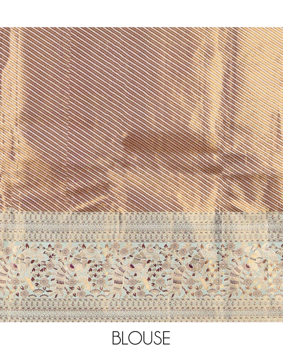 Copper Kanchipuram Tissue Silk Saree, Complemented by Contrast Meenakari Floral and Peacock Design Border, Grand Jaal Pallu and Paired with a Contrast Blouse