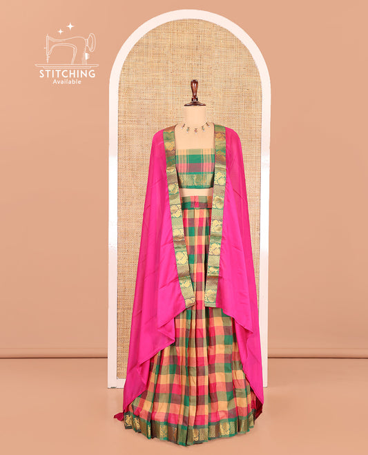 Multi-Color Chettinad Cotton Half Saree Features Checked Skirt, Peacock Border, Matching Blouse, Contrast Dhavani