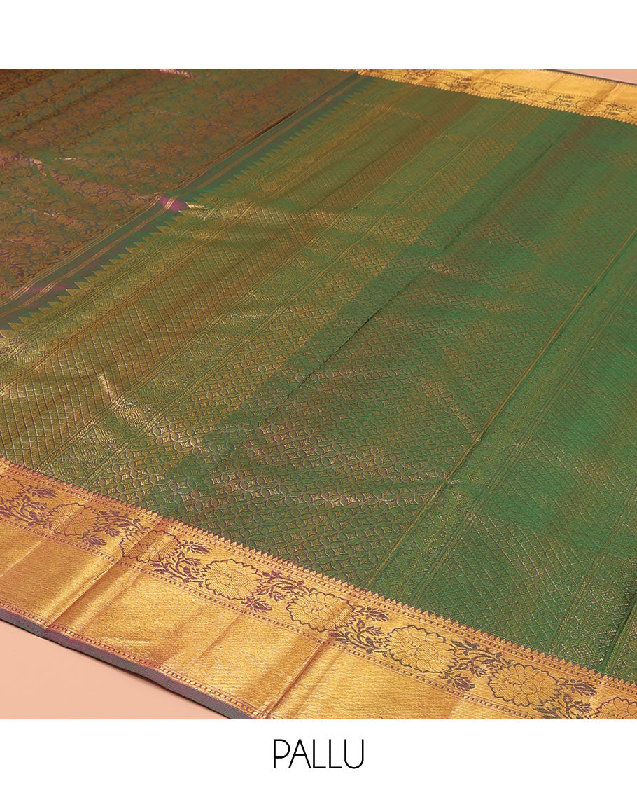 Purple Kanchipuram Wedding Silk Saree, Opulently Embellished with Jacquard Design on Its Body, Highlighted by Zari Border of Rekku, Muthu, and Kodi Visiry Designs, Intricately Designed Pallu and Paired with a Matching Blouse