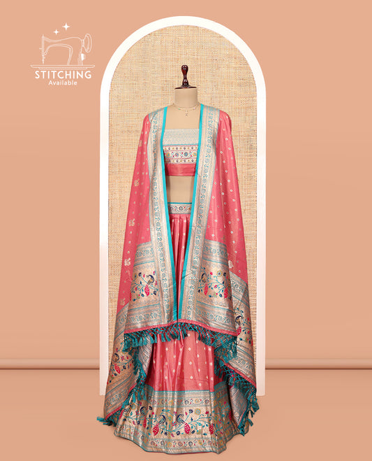 Peach Banarasi Half-Saree, Impeccably Styled with Zari Buttas Skirt, a Contrast Paithani-Style Border, Contrast  Blouse, and Matching Dupatta