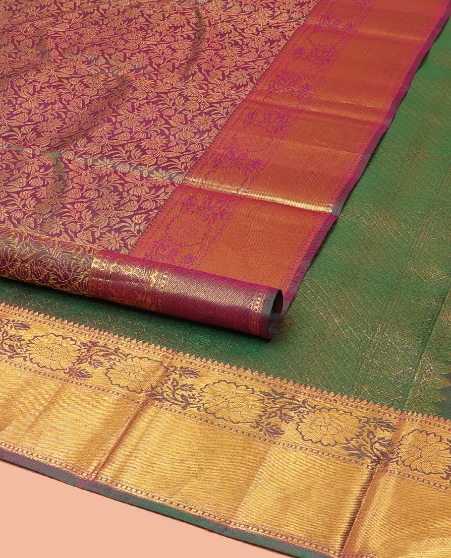 Purple Kanchipuram Wedding Silk Saree, Opulently Embellished with Jacquard Design on Its Body, Highlighted by Zari Border of Rekku, Muthu, and Kodi Visiry Designs, Intricately Designed Pallu and Paired with a Matching Blouse