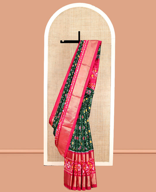 Green Pochampally Ikat Silk Saree, Accentuated with Intricate Designs, a Contrast Border of Floral Creeper and Peacock-Eye Designs, Floral Creeper Pallu, and a Contrast Blouse