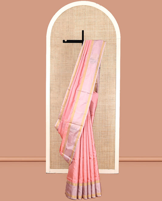 Pink Mayuri Lite Silk Mix Saree, Sparsely Woven with Stripes and Buttas, a Contrast Border, Pallu of Zig-Zag Designs, and a Contrast Blouse