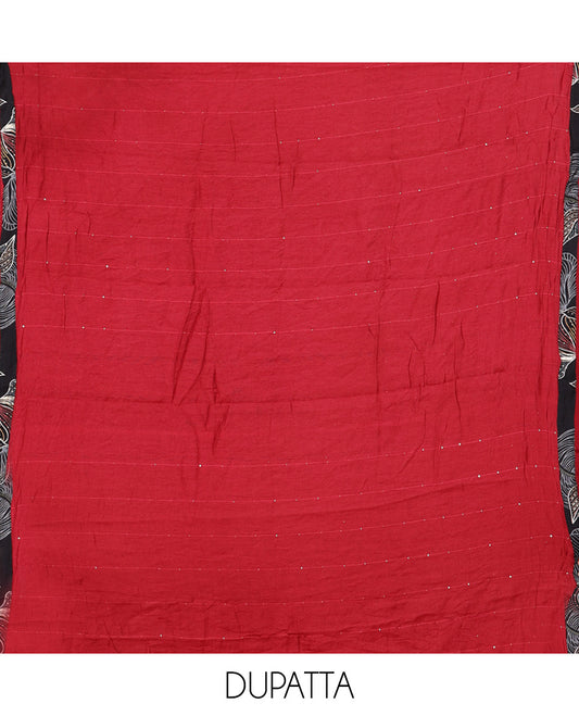 Black Vertican Silk Material Churidar Features Floral Printed Neck Work Top, a Contrast Bottom, a Sequins Striped Dupatta