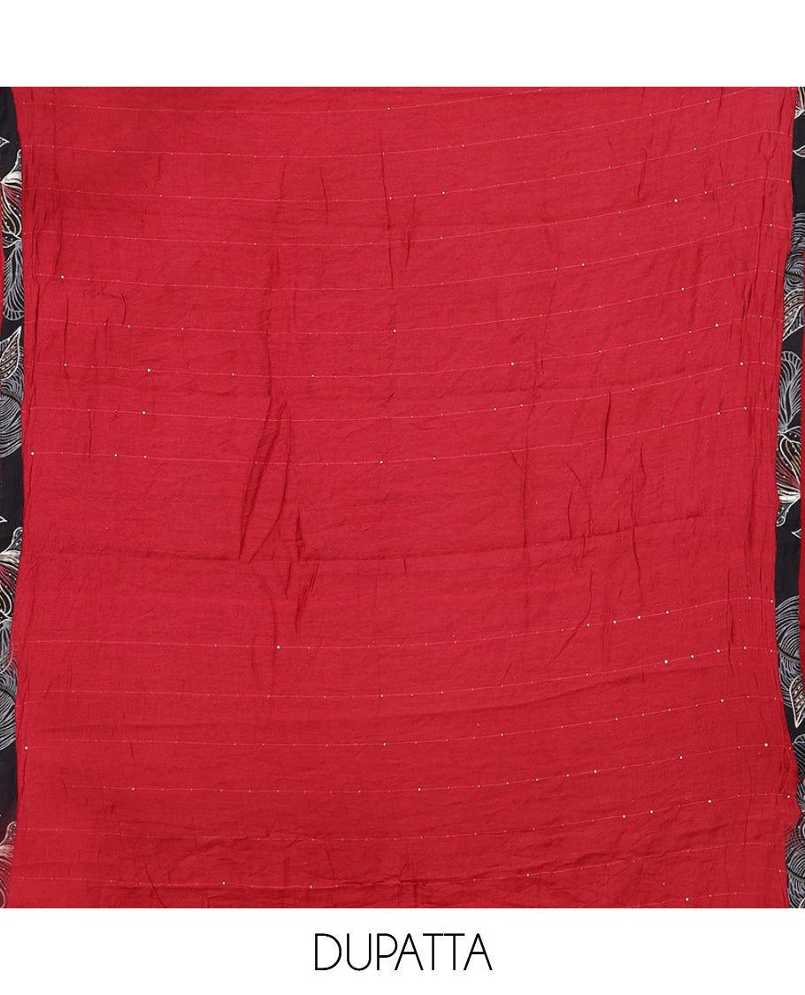 Black Vertican Silk Material Churidar Features Floral Printed Neck Work Top, a Contrast Bottom, a Sequins Striped Dupatta