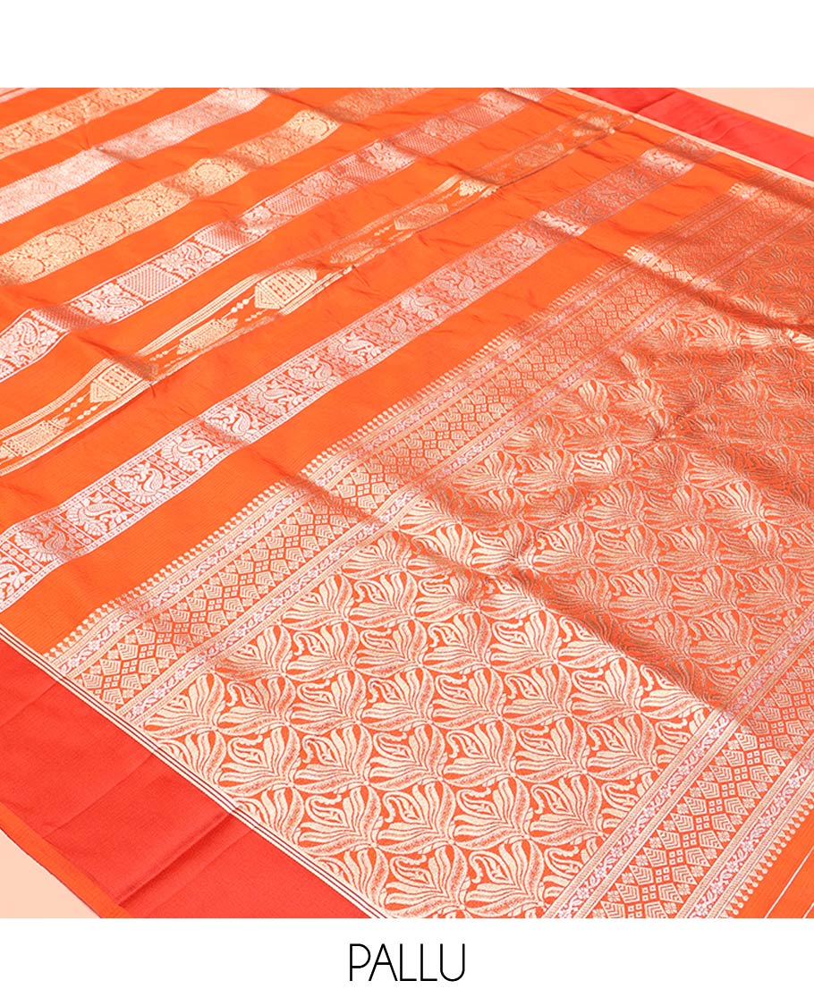 Orange Dupion Silk Saree, Richly Features Vertically Woven Traditional Patterns in Zari, Complemented by Contrast Zari Satin Border, Rich Pallu, and Paired with a Matching Blouse