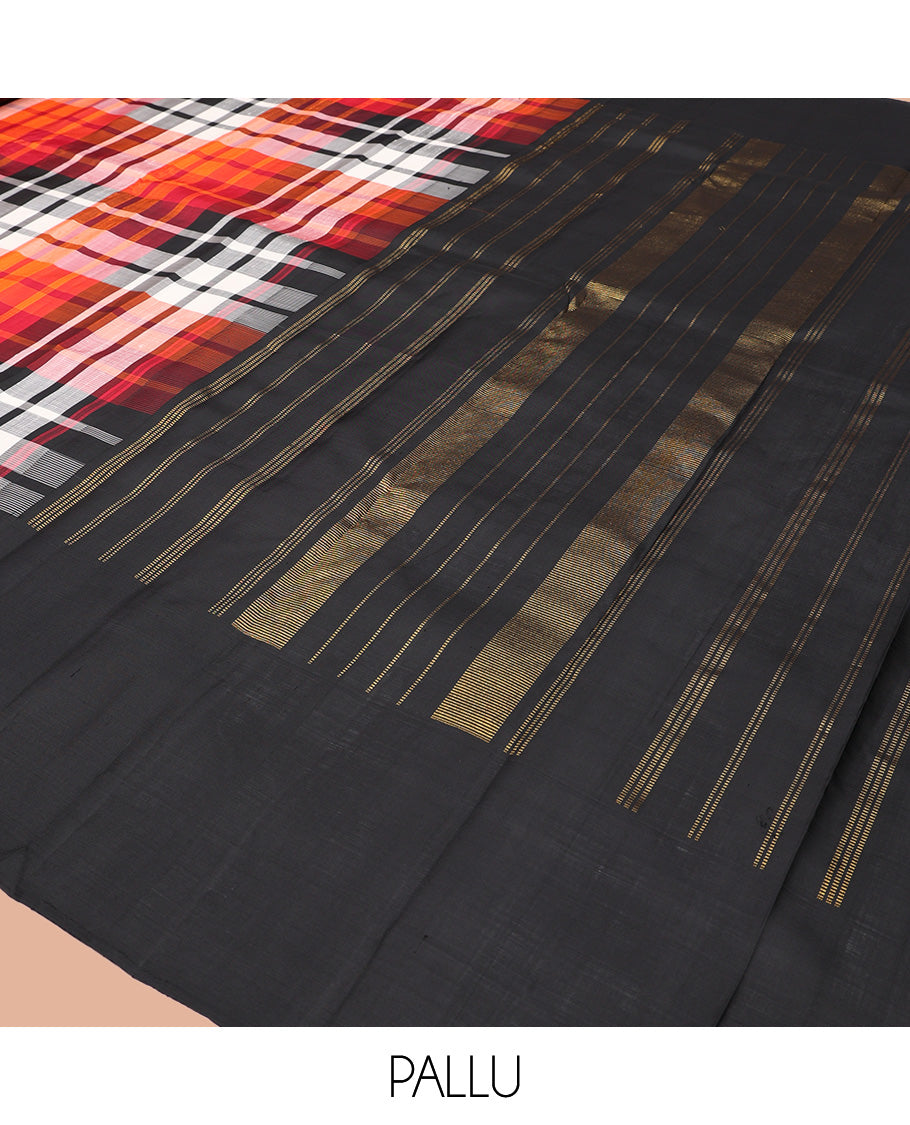 Multi-Color Checked Kanchipuram Silk Saree, a Complemented by a Contrast Thazampoo Rekku Border, Zari Design Pallu, and Contrast Blouse
