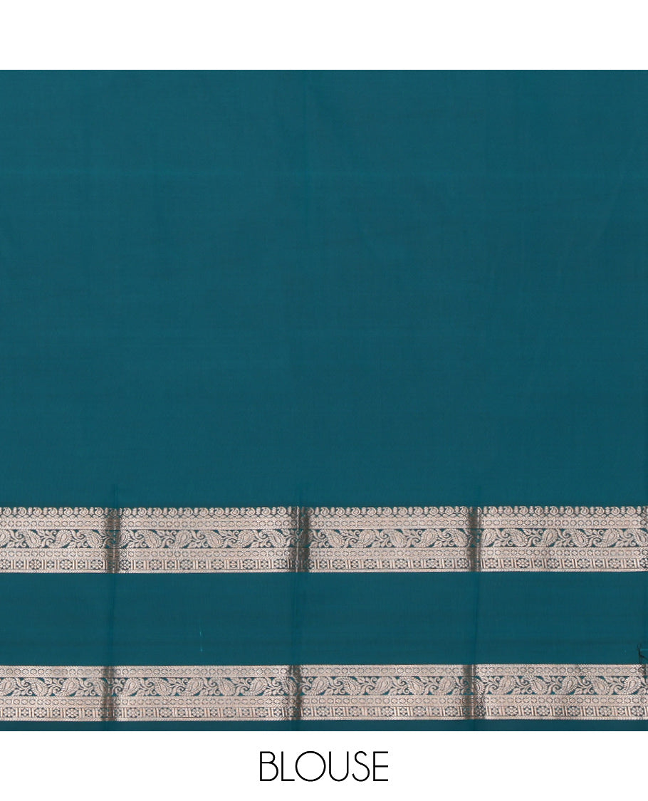 Green Budget Silk Saree, Ornamented with Zari Buttas, Complemented by a Contrast Traditional Zari Border, Pallu of Jaal and Paisleys, and a Contrast Blouse