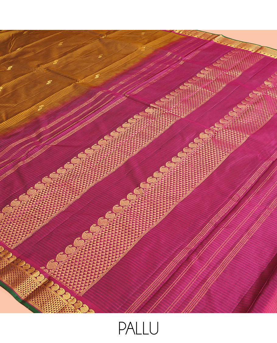 Brown Kanchipuram Silk Saree, Elevated with Vazhaipoo Stipes and Zari Buttas, a Contrast Ara Madam and Manga Motif Border, Pallu of Zari Design, and Contrast Blouse
