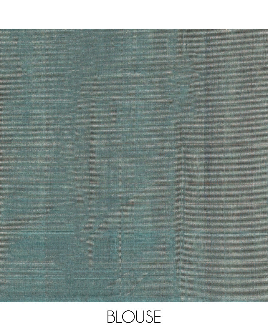Brown Silk Cotton Saree, Decorated with Buttas All Over Its Body, Complemented by Contrast Border of Parrot Chariot Designs, Temple Pallu, and Paired with a Contrast Blouse
