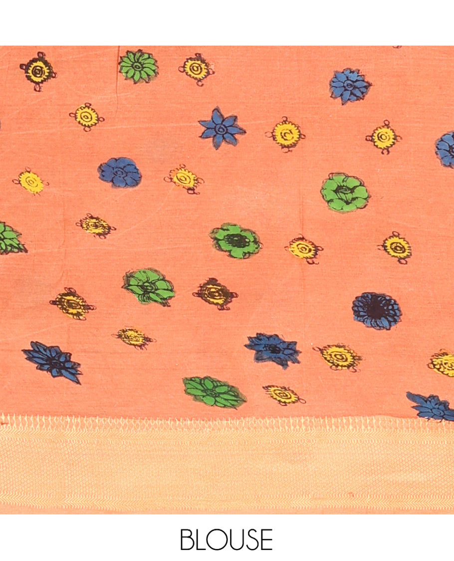 Blue Kalamkari Silk Saree, Opulently Embellished with Floral Vine and Ancient Human Motifs Print, a Contrast Traditional Zari Border, Pallu Features Peacock, and a Contrast Blouse