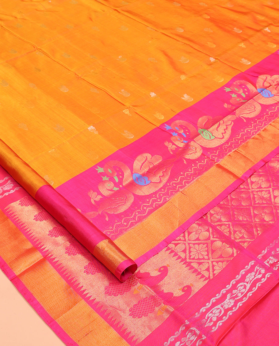 Orange Uppada Silk Saree, Masterfully Woven with Zari Buttas, Complemented by Contrast Peacock Buttas Border, Grand Jaal Pallu and a Contrast Blouse