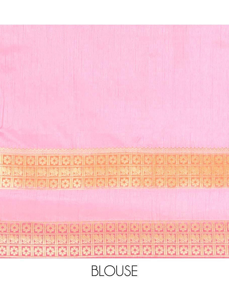 Baby Pink Fancy Raw Silk Saree, Subtly Woven with Buttas, Peacock-Flower Traditional Border, and a Matching Blouse