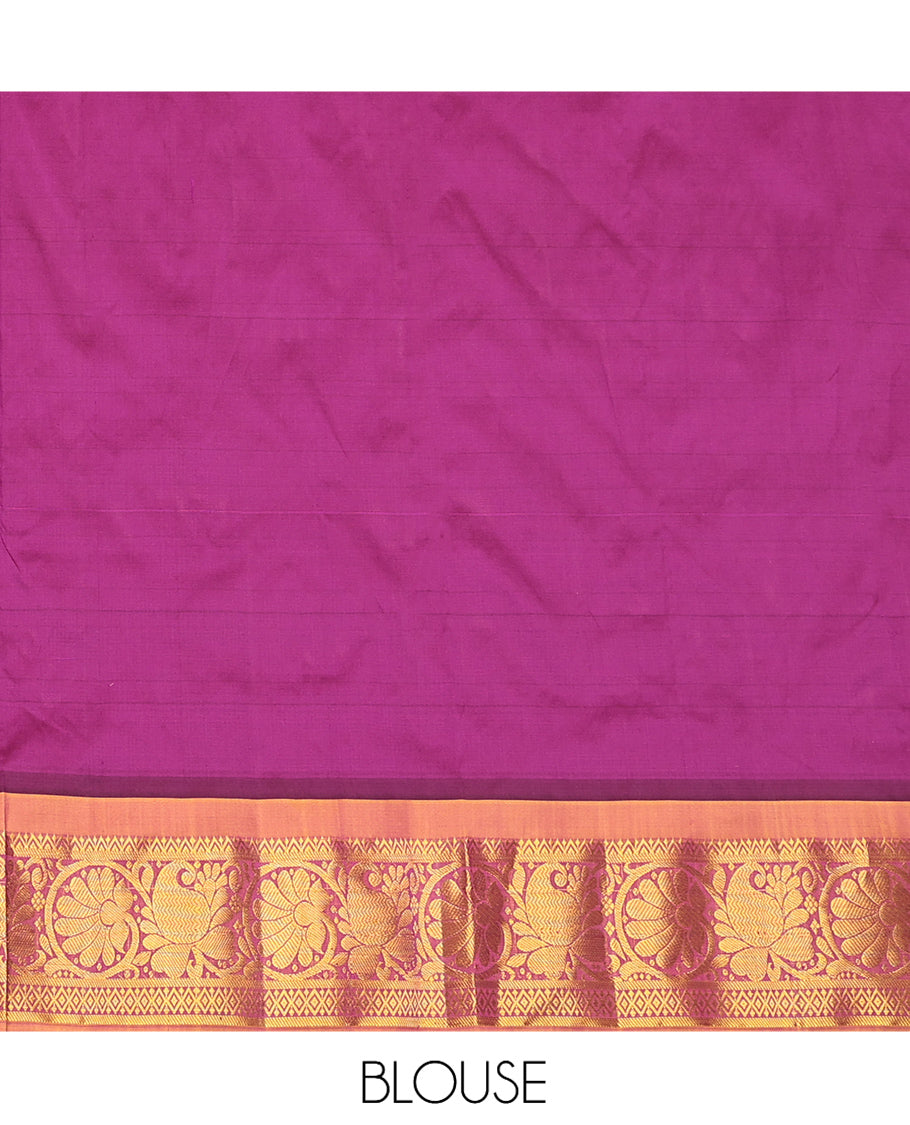 Purple Art Silk Pavadai Material Set, Embellished with Zari Designs on Its Skirt, Complemented by a Contrast Paisley-Floral Zari Border, and a Matching Blouse