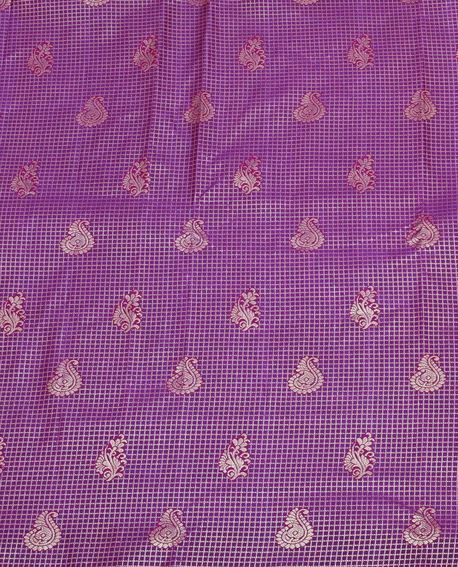 Violet Art Silk Material Half Saree, Decked Up with Jacquard Skirt, a Contrast Traditional Zari Border, Contrast Blouse, and an Intricate Dhavani