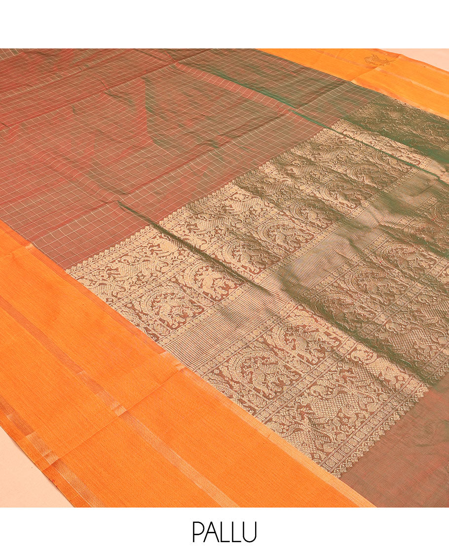 Brown Checked Kuppadam Silk Saree, a Contrast Traditional Yazhi Border, Grand Pallu, a Matching Blouse