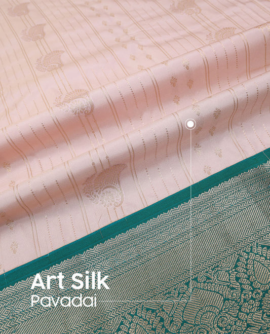Baby pink art silk pavadai material set, zari design pavadai, contrast blouse & traditional zari border