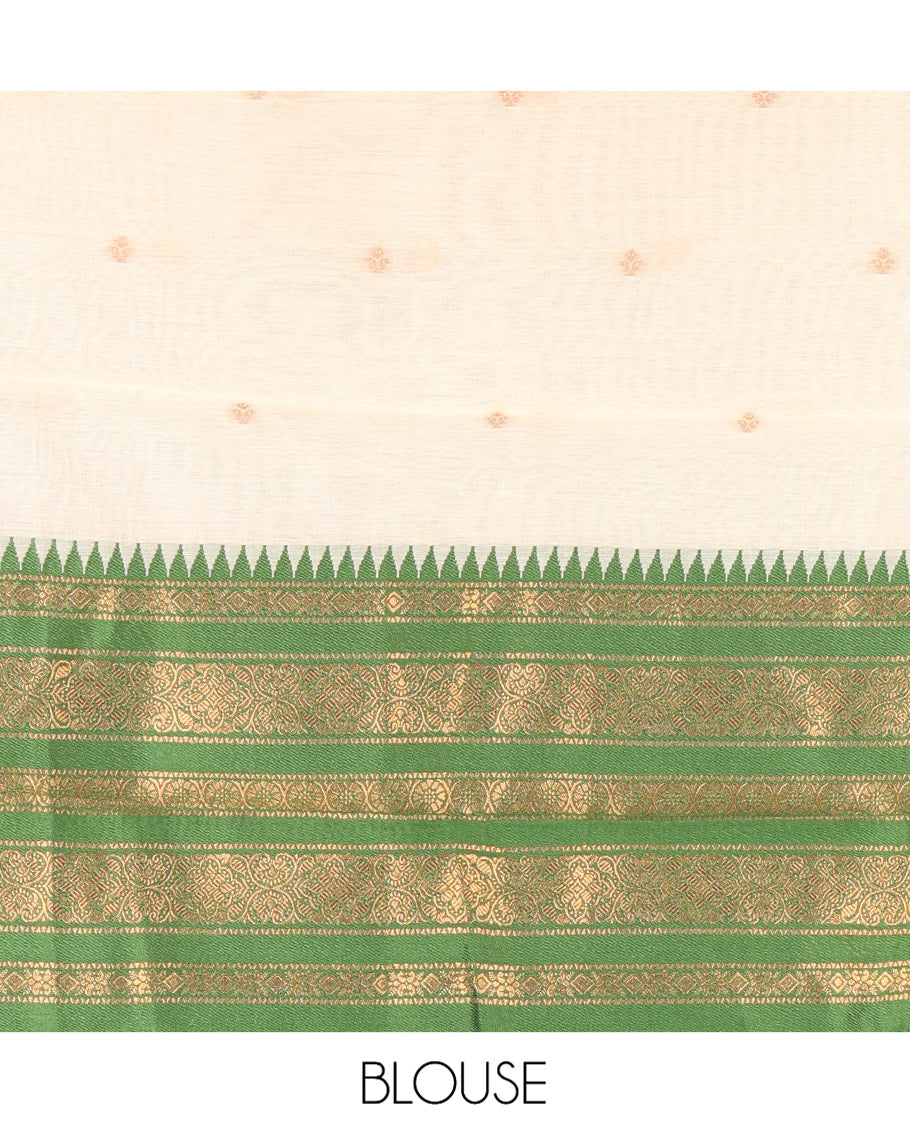 Sandal-Green Banaras Kota Half-Saree, Zari Buttas Skirt, Contrast Traditional Border, Matching Blouse, Contrast Dhavani