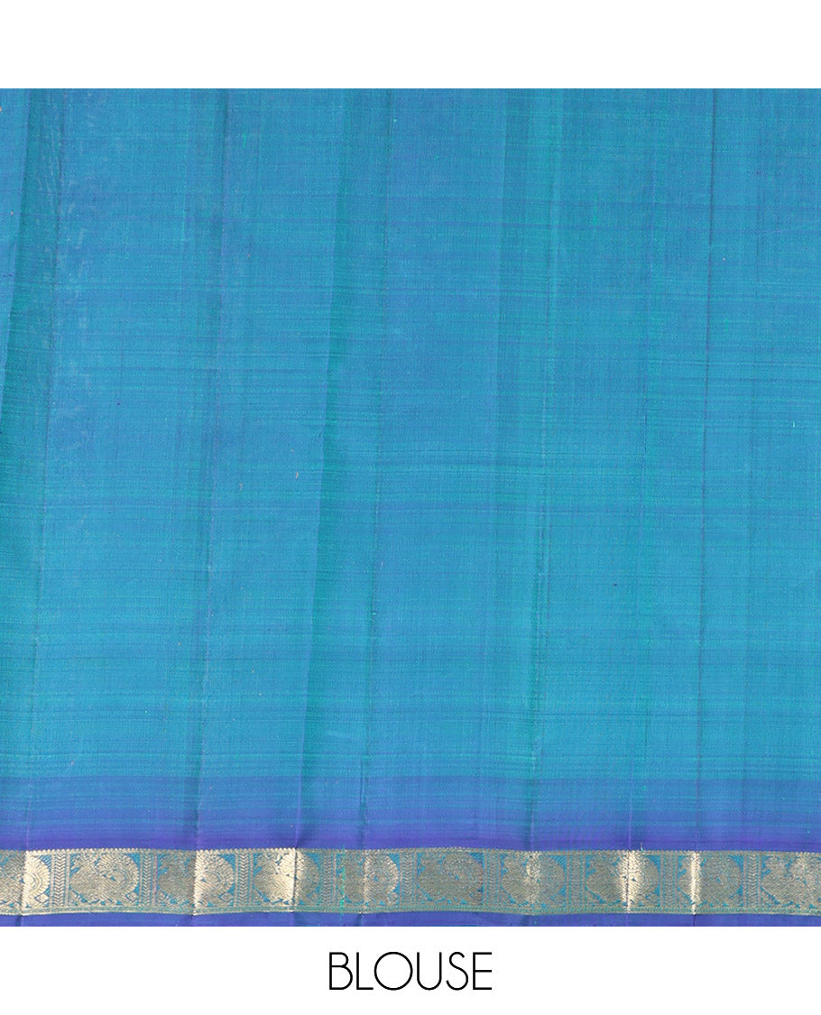 Blue Kanchipuram Silk Saree, Woven with Zari Buttas on Its Body, Complemented by Contrast Border of Annam Designs, Grand Jaal Design Pallu, and Paired with a Contrast Blouse