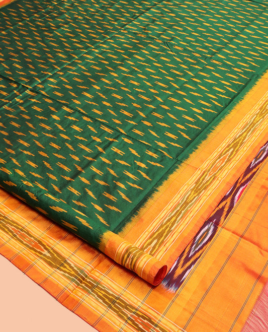 Green Pochampally Ikat Silk Saree, Embellished with Ikat Buttas, Complemented by a Contrast Ikat Border, Ikat-Style Pallu, and No Blouse