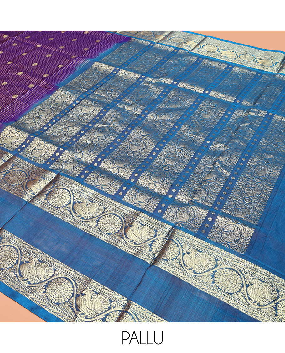 Violet Venkatagiri Silk Saree, Beautified with Zari Buttas and Zari Checks All Over Its Body, Complemented by a Contrast Traditional Zari Design Border, Grand Pallu, and Paired with a Matching Blouse