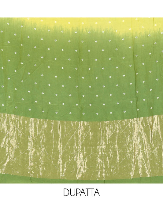 Green and Yellow Semi-Silk Material Churidar Set, Subtly Made with Bandhani Dots Print, Comes with a Plain Santoon Bottom, and Paired with a Double-Colored Dupatta of Bandhani Dots Print