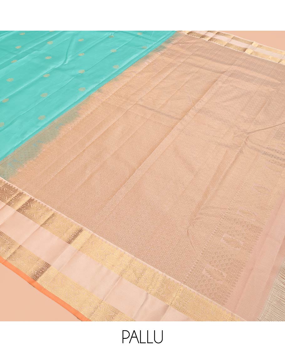 Turquoise Zari Buttas Vasundhara Silk Saree, Delicately Woven with a Contrast Rettai Pettu Border, Grand Pallu, and a Contrast Blouse